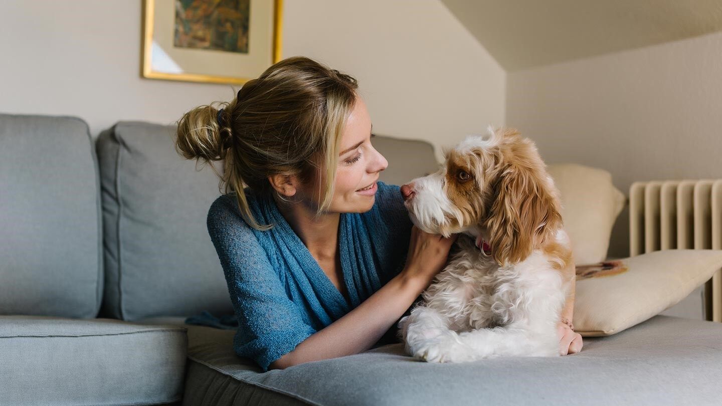 a woman laying on a couch with her dog