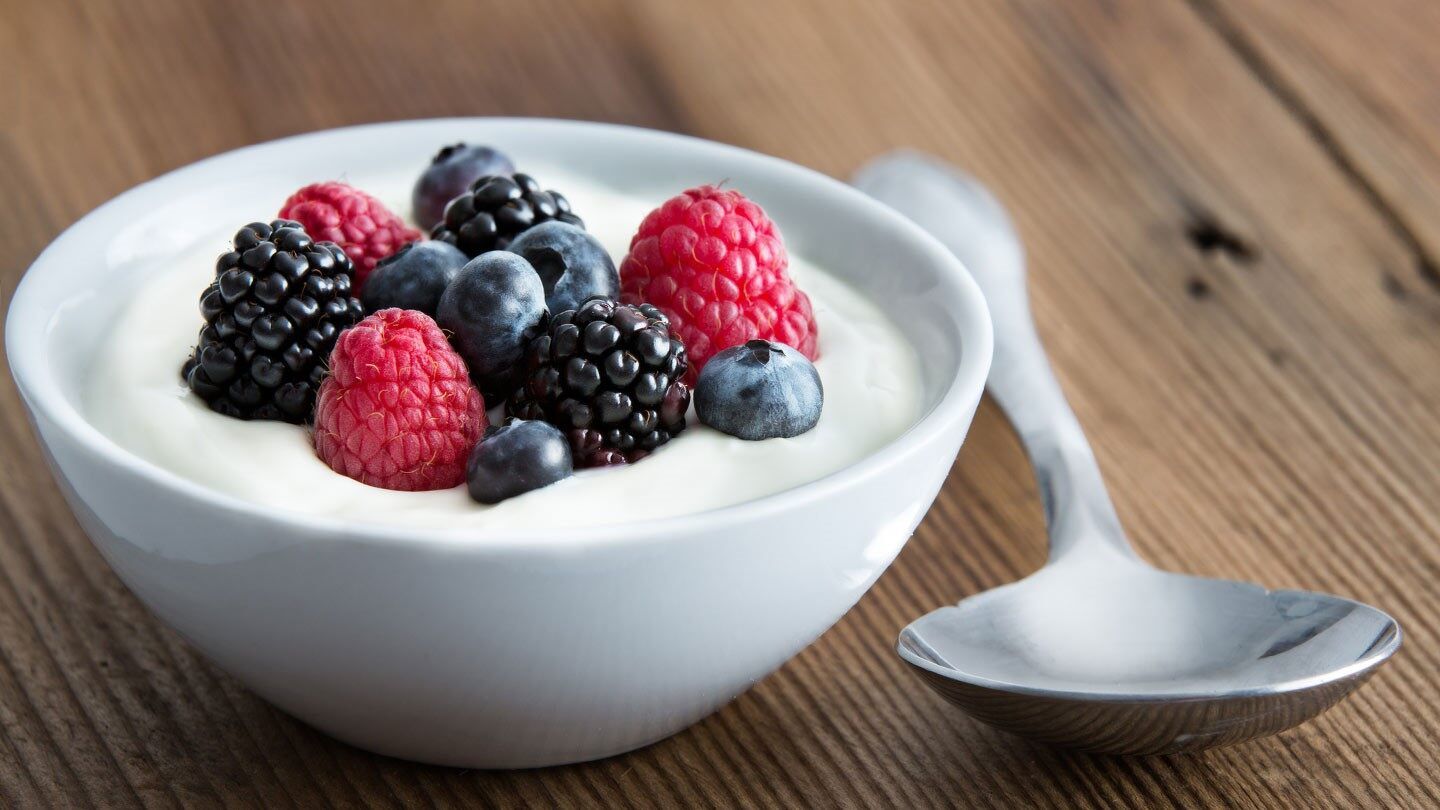 a bowl of greek yogurt with berries